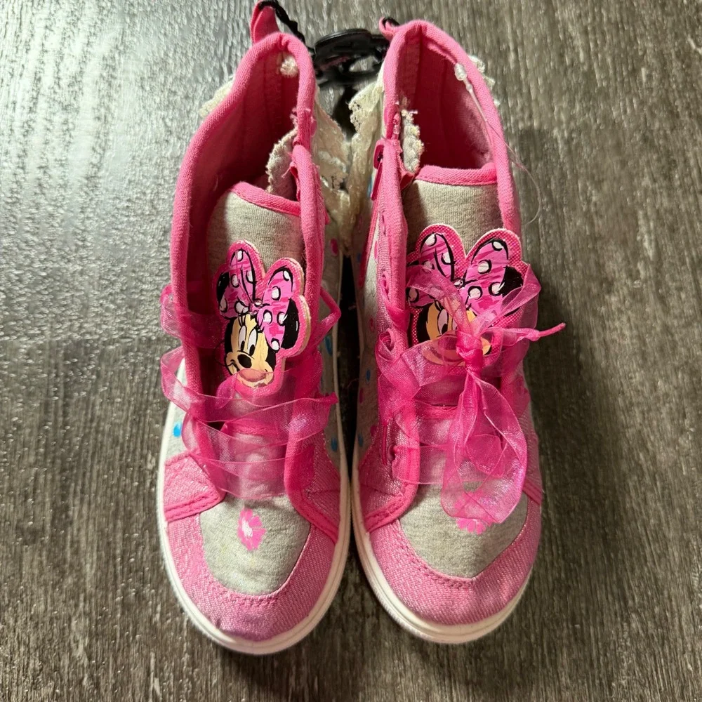 Disney Minnie Mouse High Top Sneakers Girls Size 12 Pink Grey Lace Glitter Zip
